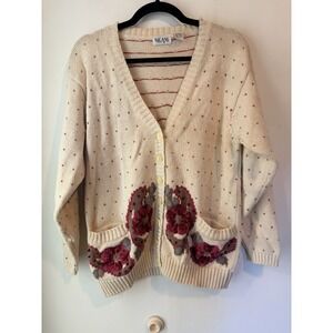 Vintage‎ 80s Nilani Deep V Cardigan Sweater 3d Embroidered Floral Medium Button